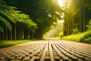 uma estrada dentro a meio do uma floresta com árvores gerado por IA foto