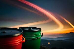 dois colorida baldes sentar em topo do uma montanha. gerado por IA foto