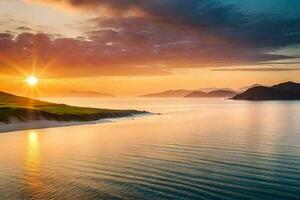 pôr do sol, a mar, montanhas, a oeste costa, a oeste costa do Irlanda,. gerado por IA foto