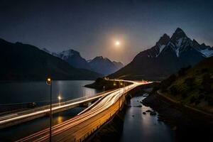 uma grandes exposição foto do uma ponte e montanhas às noite. gerado por IA