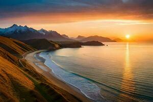 a Sol conjuntos sobre uma de praia e montanhas. gerado por IA foto