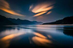 uma grandes exposição fotografia do uma lago às noite. gerado por IA foto