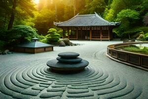 uma zen jardim com uma pedra caminho e uma pagode. gerado por IA foto