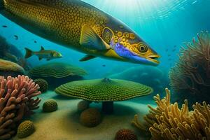 uma peixe natação dentro a oceano com coral e de outros peixe. gerado por IA foto