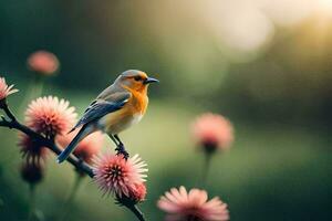 uma pássaro é sentado em uma flor tronco. gerado por IA foto