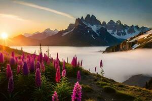 a Sol sobe sobre a montanhas e a flores florescer. gerado por IA foto