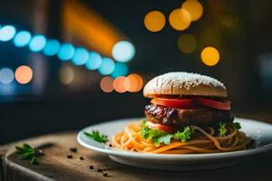 uma Hamburger com espaguete em uma placa. gerado por IA foto