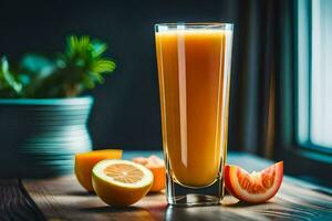 laranja suco dentro uma vidro em uma mesa. gerado por IA foto