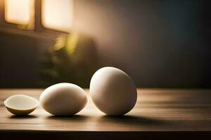 três ovos sentar em uma mesa dentro frente do uma janela. gerado por IA foto