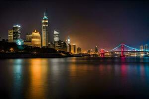 a cidade Horizonte às noite com uma ponte e luzes. gerado por IA foto