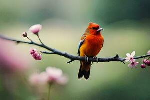uma vermelho pássaro senta em uma ramo com Rosa flores gerado por IA foto