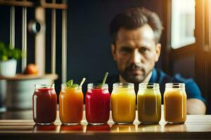 uma homem sentado dentro frente do uma linha do suco óculos. gerado por IA foto