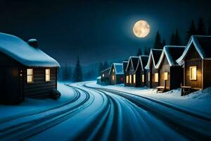 uma Nevado estrada com casas e uma cheio lua. gerado por IA foto