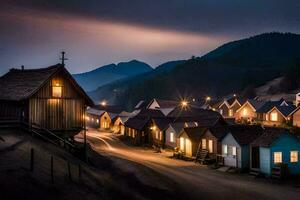 foto papel de parede a céu, montanhas, casas, a noite, a Vila, a montanhas, o. gerado por IA