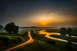 a Sol sobe sobre uma rio e uma estrada. gerado por IA foto