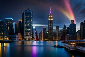 a cidade Horizonte é aceso acima com arco Iris luzes. gerado por IA foto