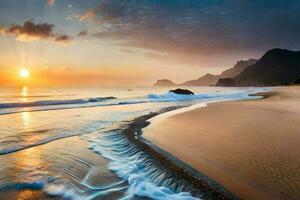 a Sol sobe sobre a oceano e ondas batida para dentro a areia. gerado por IA foto