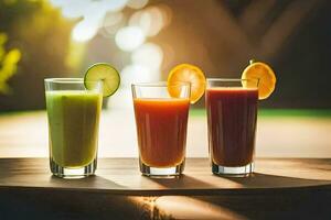 três óculos do suco em uma mesa. gerado por IA foto