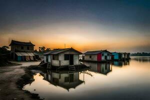 a Sol conjuntos sobre uma lago com de várias pequeno casas. gerado por IA foto
