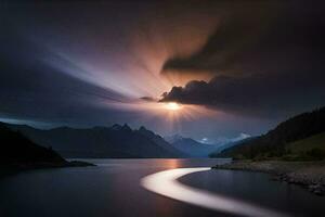 uma grandes exposição fotografia do uma lago e montanhas. gerado por IA foto