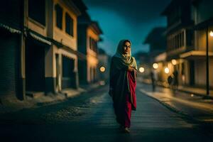 uma mulher dentro uma vermelho vestir anda em baixa uma rua às noite. gerado por IA foto