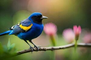 uma azul e amarelo pássaro senta em uma ramo. gerado por IA foto