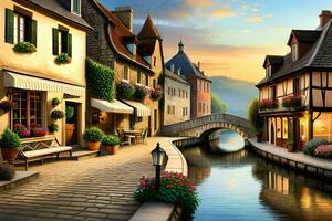 uma pintura do uma canal dentro Europa. gerado por IA foto