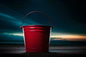 uma vermelho balde sentado em a de praia às noite. gerado por IA foto