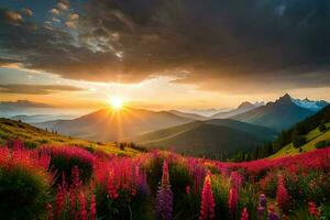 a Sol sobe sobre a montanhas e flores dentro a primeiro plano. gerado por IA foto