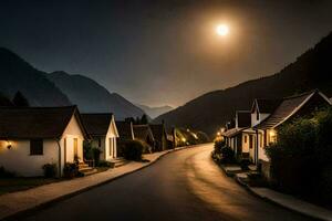 uma rua dentro a montanhas com uma cheio lua. gerado por IA foto