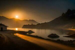 uma lago e uma montanha alcance às pôr do sol. gerado por IA foto