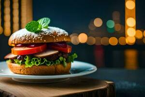 uma Hamburger com alface, tomate e queijo em uma placa. gerado por IA foto