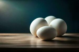 quatro branco ovos em uma de madeira mesa. gerado por IA foto
