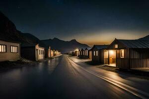 uma grandes exposição fotografia do uma linha do de madeira casas às noite. gerado por IA foto