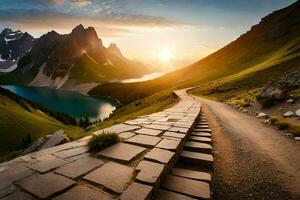 uma caminho conduzindo para uma lago e montanhas às pôr do sol. gerado por IA foto