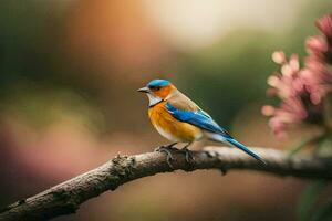 uma azul e laranja pássaro sentado em uma ramo. gerado por IA foto