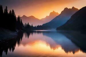 uma lindo pôr do sol sobre uma lago com montanhas dentro a fundo. gerado por IA foto
