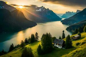 a Sol sobe sobre a montanhas e lago dentro isto lindo panorama. gerado por IA foto