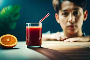 uma homem sentado às uma mesa com a laranja e uma vidro do suco. gerado por IA foto