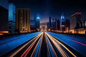 uma cidade às noite com luzes em a autoestrada. gerado por IA foto