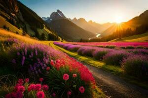 a Sol sobe sobre uma campo do flores dentro a montanhas. gerado por IA foto