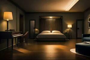 uma quarto com uma cama, uma piano e uma lâmpada. gerado por IA foto