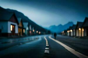 uma grandes estrada com casas e luzes em isto. gerado por IA foto