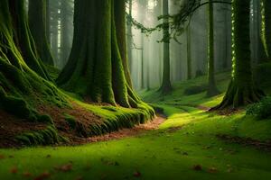 uma verde floresta com árvores e musgo. gerado por IA foto