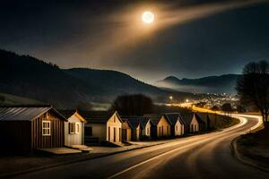 foto papel de parede a céu, noite, lua, a estrada, casas, a estrada, a estrada. gerado por IA