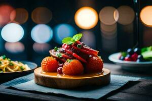 uma prato do Comida com fruta e legumes em isto. gerado por IA foto