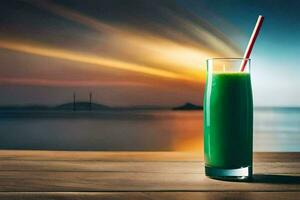 uma vidro do verde suco em uma mesa dentro frente do a oceano. gerado por IA foto