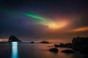 a aurora boreal sobre a oceano. gerado por IA foto