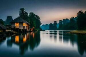 uma pequeno cabana senta em a costa do uma rio. gerado por IA foto