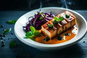 uma prato do Comida com carne e legumes. gerado por IA foto